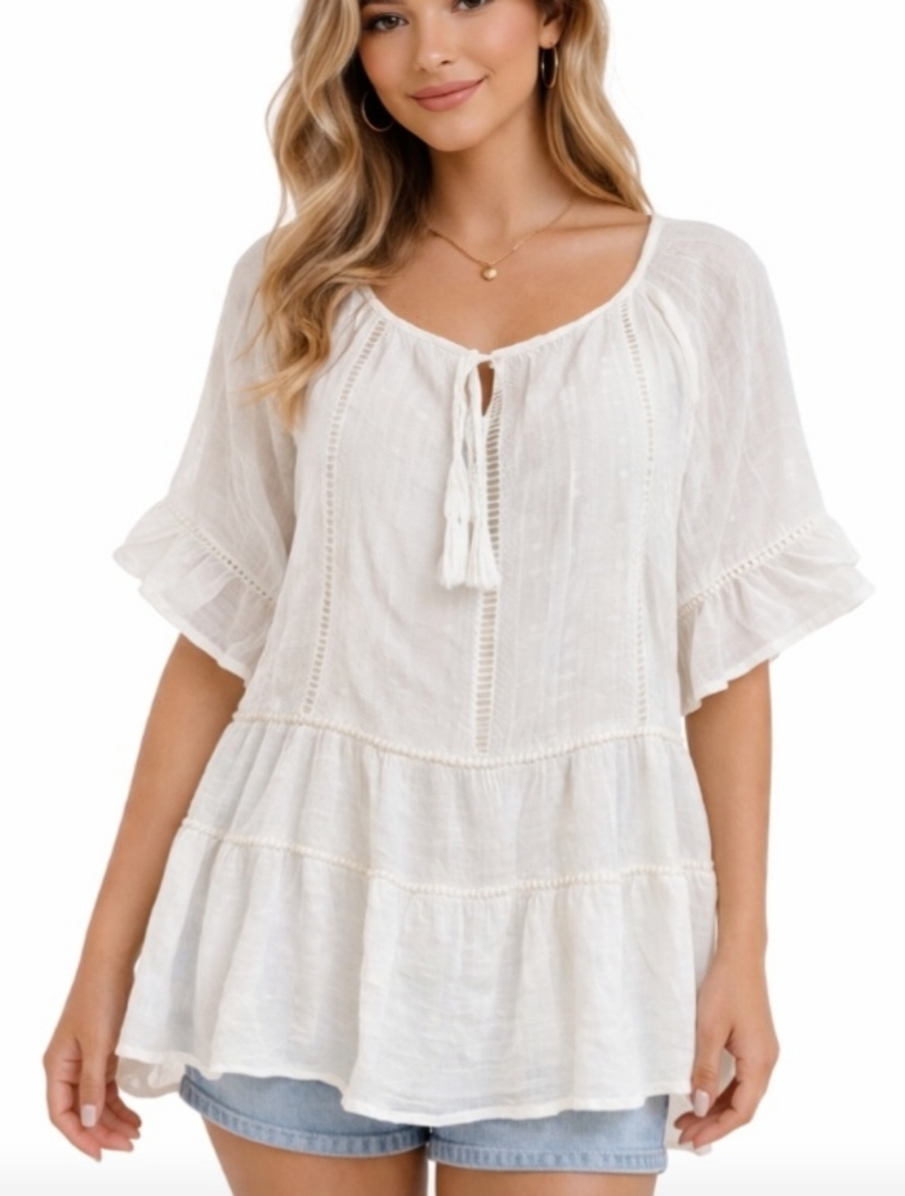 Andree Blue Womens White Gauze Lace Tiered Peasant Blouse Tassel Tie Neck Small